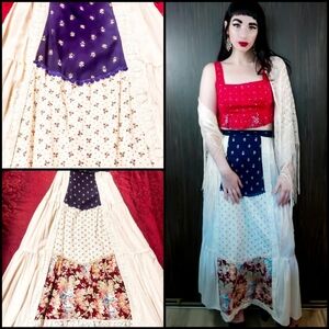 Vintage 1970s Cottagecore Prairie Chevron Foral Patchwork Western Maxi Skirt